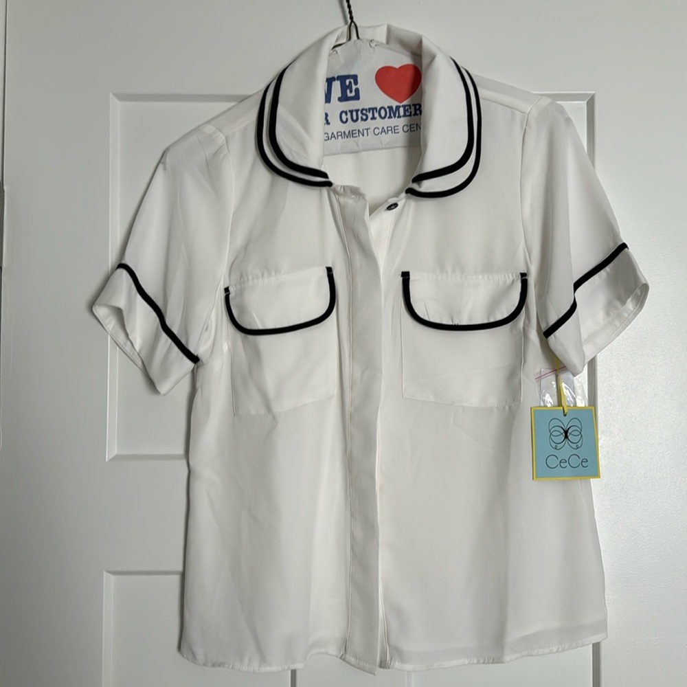 CeCe - White Blouse with Piping Size Small
